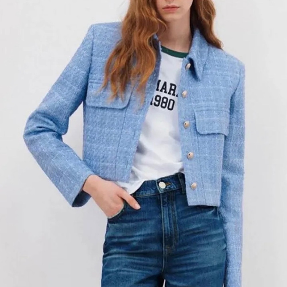 Zara Light Blue Tweed Cropped Jacket
